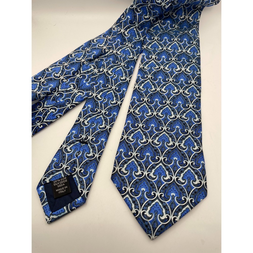 Ermenegildo Zegna Silk Tie Blue White Ornamental Paisley Scroll Made in Italy